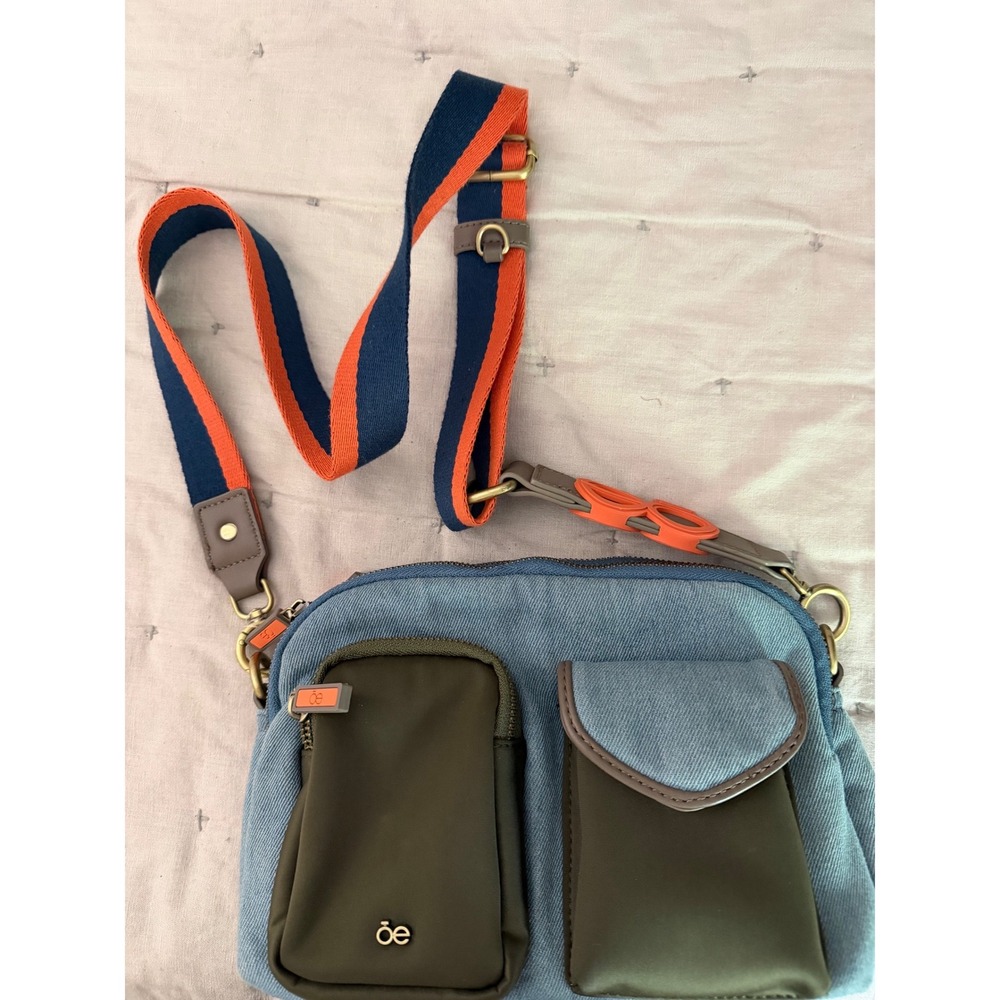 Cloe Blue Denim Crossbody Bag Olive‎ Green Utility Pockets Orange Lining Strap
